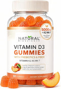 Sugar Free Vitamin D3 K2 Gummies 5000 IU + K2 MK7 80 mcg – Vitamin D Gummies for Adults with Prebiotics & Fiber – Supports Bones, Immune Health, Heart Health & Mood – Gluten Free, Natural Peach Flavor