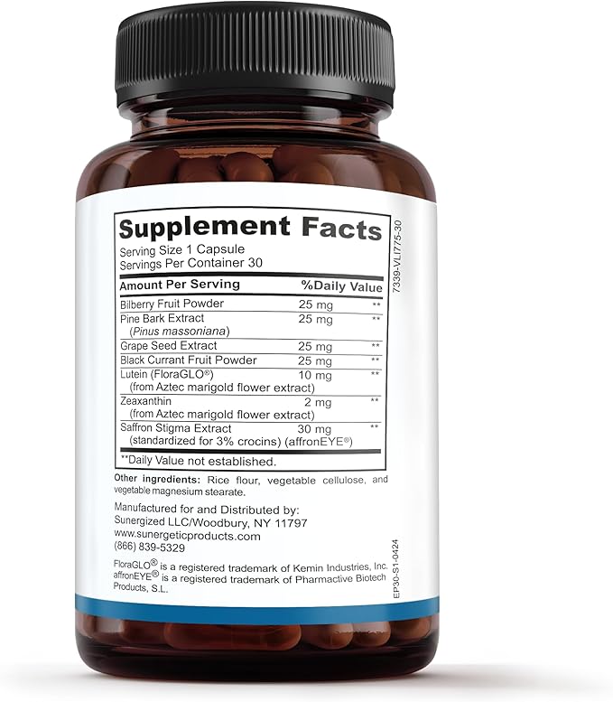 Sunergetic Premium Eye Pressure Support Supplement - Eye Pressure Supplement with Saffron, Lutein, Zeaxanthin, Bilberry & Pine Bark - Supports Ocular Health & Overall Vision - 30 Count (Pack of 2)