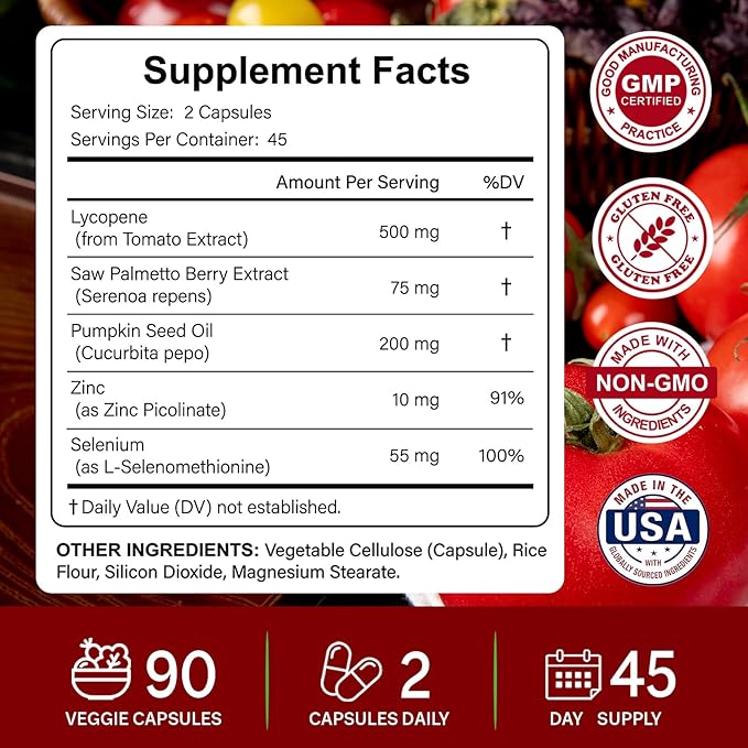 Lycopene 500MG & Prostate Supplement for Men 5-in-1 | Supports Heart & Skin Health， with Saw Palmetto Berry Extract, Pumpkin Seed Oil, Zinc & Selenium | Vegan, Non-GMO, 90 Capsules