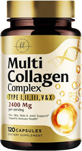 Multi Collagen Peptides for Women & Men - 2400mg per Serving - Best Hydrolyzed Collagen Complex with Type I, II, III, V, X - Hair, Skin, Nails & Joint Support Supplement - Bottled USA - 120 Capsules