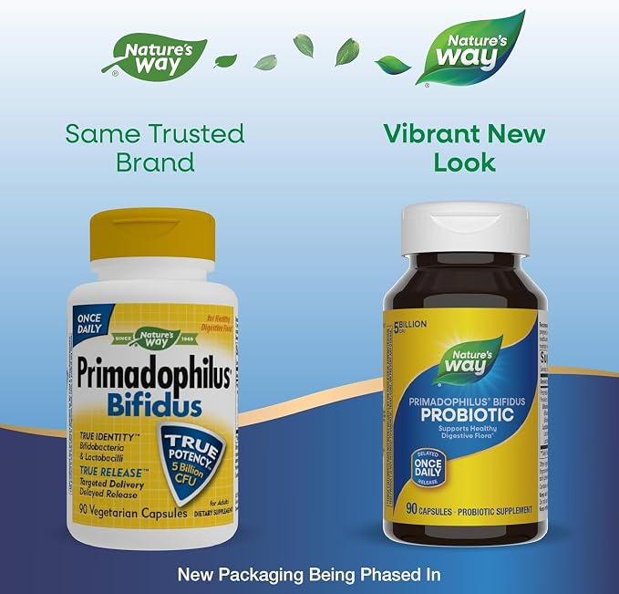 Nature's Way Primadophilus Bifidus Probiotic, Supports Digestive Flora*, 5 Billion Live Probiotic Cultures per Capsule, Lactobacilli, Bifidobacteria, 90 Capsules (Packaging May Vary) - 2 Pack