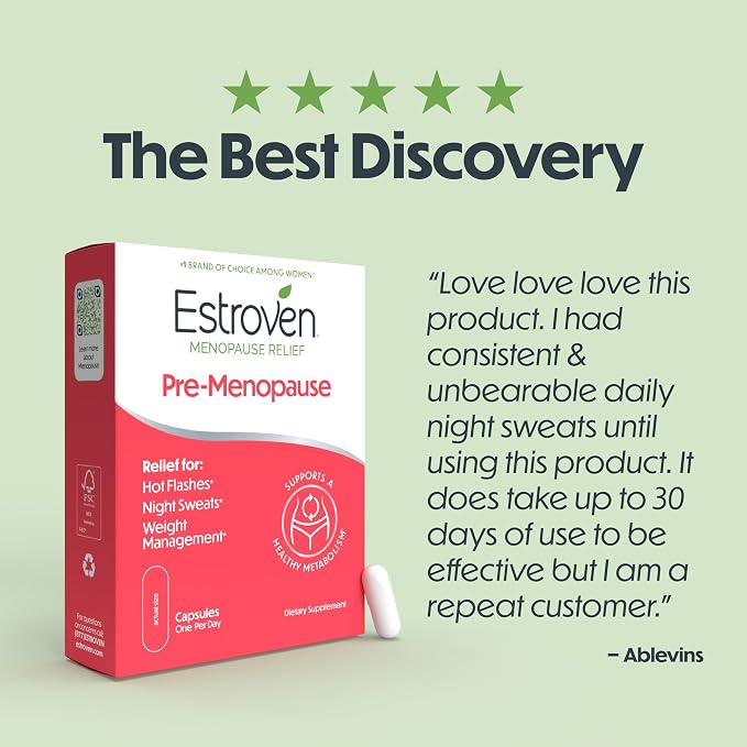 Estroven Pre-Menopause-Relief, 30 Ct., Clinically Proven Ingredients, Provides Menopause Relief Plus Night Sweats & Hot Flash-Relief, Drug-Free or Estrogen Free (Pack of 12)
