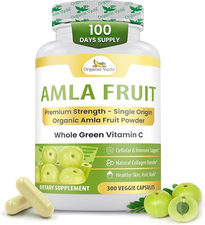 Organic Veda Amla Capsules - 1500mg, 300 Capsules - Natural Vitamin C Supplement with Antioxidants, Polyphenol for Immunity, Skin Glow & Hair Growth - Single Origin Premium Organic Amla Fruit Powder
