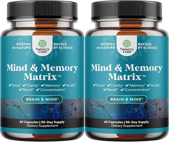 Natural Mind and Memory Supplement for Increased Mental Performance and Clarity Supports Brain Function Made with Pure Green Tea Extract DMAE Bitartrate and Vitamins - 60 Count - 2 Pack