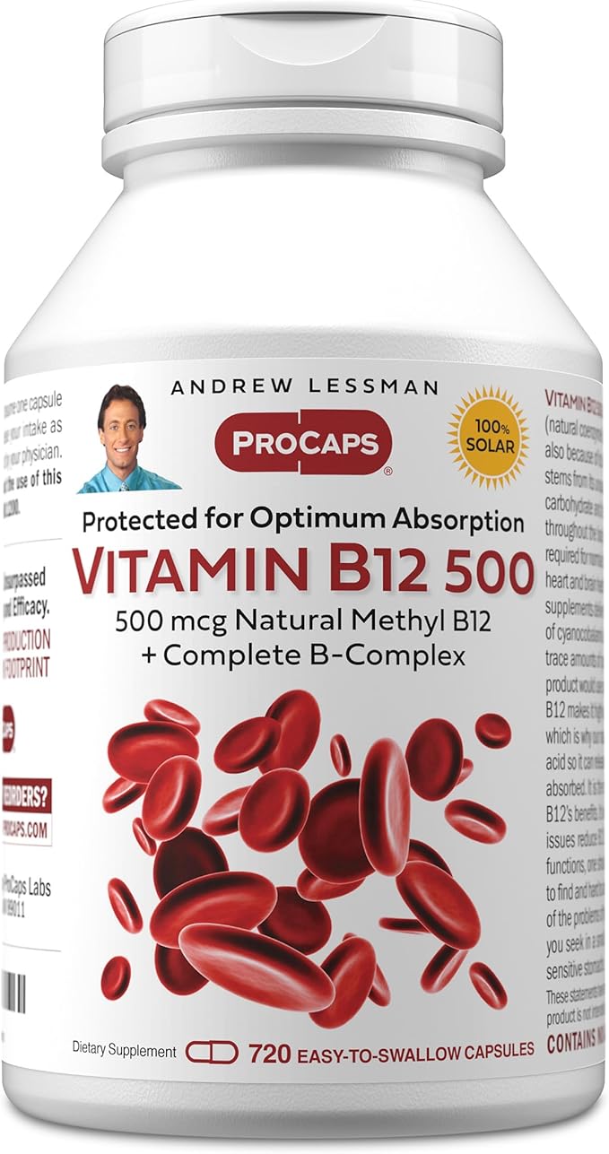 ANDREW LESSMAN Vitamin B12 500 720 Capsules - Absorption-Protected Methylcobalamin (Natural Coenzyme Vitamin B12), Essential for Energy and Stress Support, Plus B-Complex, Easy to Swallow Capsules