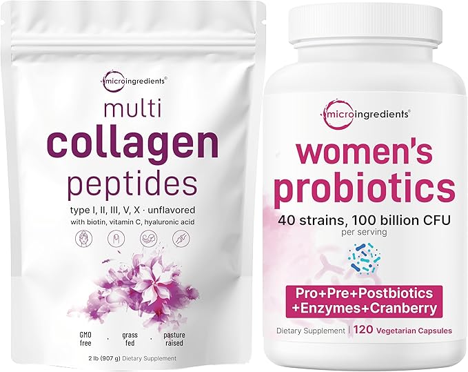 Micro Ingredients 8-in-1 Multi Collagen Powder & Women’s Probiotics 100 Billion CFU Veggie Capsules | 2 Pack | Hydrolyzed Peptides + Hyaluronic Acid & Vitamin C | 40 Strains + Cranberry & D-Mannose