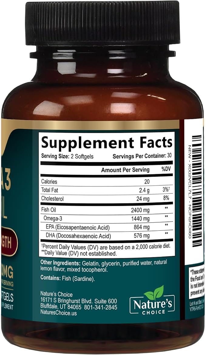 Omega 3 Fish Oil Supplements - 2400mg Fish Oil Per Serving - Triple Strength Omega-3 with Fatty Acids EPA & DHA - Natural Heart, Brain & Immune Support - Wild Caught, Bottled in USA - 60 Softgels