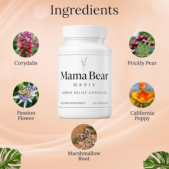 Mama Bear Oasis Nerve Support Capsules for Neuropathy - Advanced Nerve Vitamins & Repair Formula - Mobility Boost & Calm Blend - Regeneration Health Supplements - Neuropathy & Recovery Capsules 60 Ct