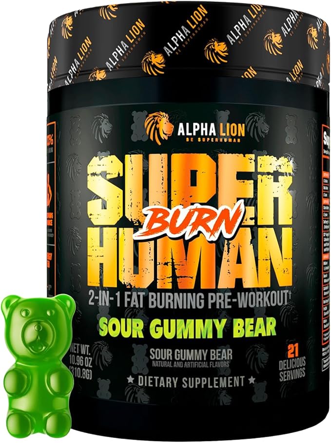 ALPHA LION Superhuman Burn, 2 in 1 Metabolism Booster Pre Workout and Men's Thermogenic Fat Burner, Sour Gummy Bear (Hulk Juice), Package Varies
