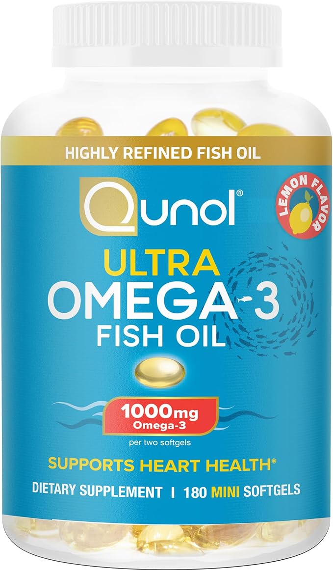 Qunol Fish Oil Omega 3 Mini Softgels, 1000mg Omega 3 EPA + DHA, Ultra Pure Supplements, Heart Health Support, Lemon Flavor, Easy to Swallow Minis, 3 Month Supply, 180 Count