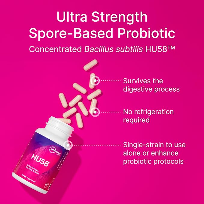 Microbiome Labs HU58 Bacillus Subtilis Probiotics for Women and Men - High Potency Spore Probiotic for Digestive Health & Immune Support - Daily Capsules with 10 Billion CFU (60 Capsules) (Pack of 2)