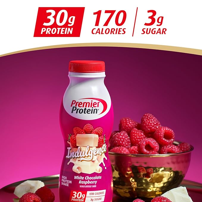 Premier Protein Shake INDULGENCE, White Chocolate Raspberry, 30g Protein, 170 Calories, 3g Sugar, 11.5 fl oz, 12 Pack (Packaging May Vary)