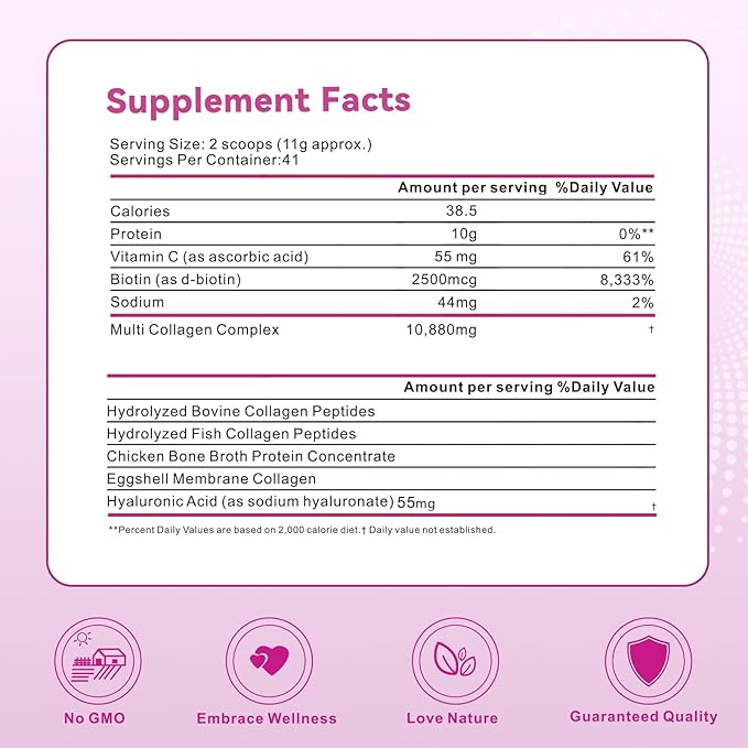 Multi Collagen Peptides Powder, 16 Oz (41 Servings) - Protein Supplement, Type I, II, III, V, X with Hyaluronic Acid, Vitamin C and Biotin, Unflavored, Easily Mixes in Drinks