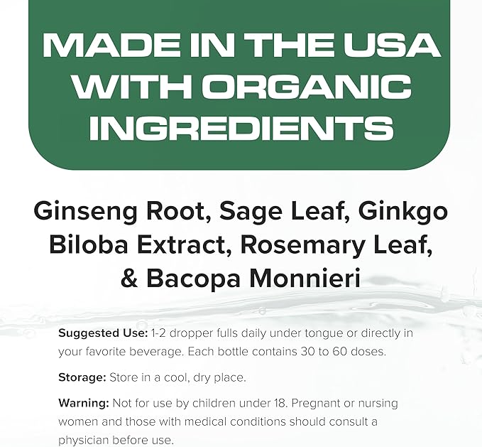 DropRx Focus, Liquid Drop Supplement for Memory, Brain Support, Clarity & Focus - Ginkgo Biloba and Ginseng Organic Herbal Blend - Made in USA by Dr. Nicole Saphier (2fl.oz)