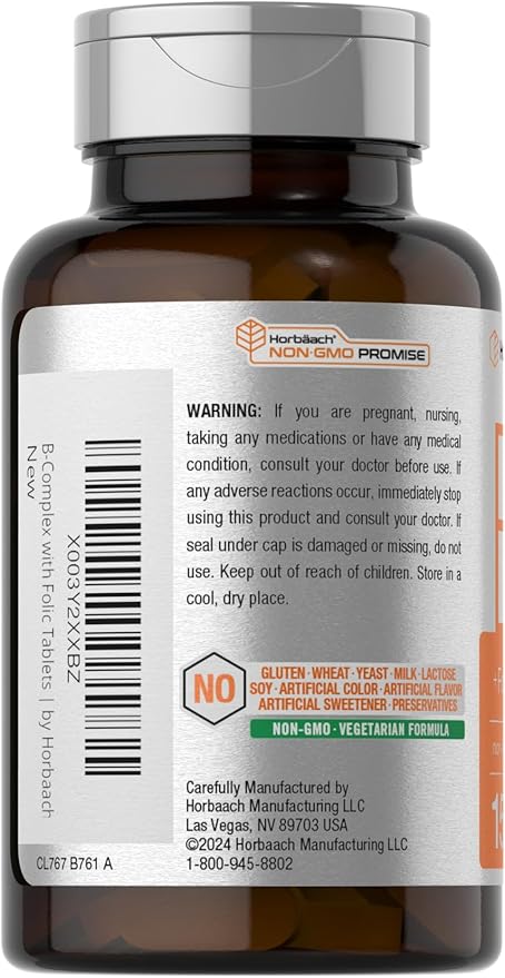 Horbaach B Complex Vitamins for Women and Men | 150 Caplets | with Folic Acid & Vitamin C | Non-GMO & Gluten Free Supplement
