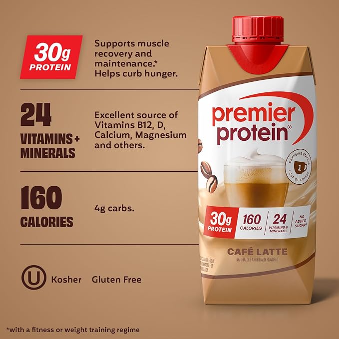Premier Protein Shake, Café Latte with Caffeine for Energy – 30g Protein, No Added Sugar, 24 Vitamins & Minerals to Support Immune Health, 11 fl oz, 12 Pack