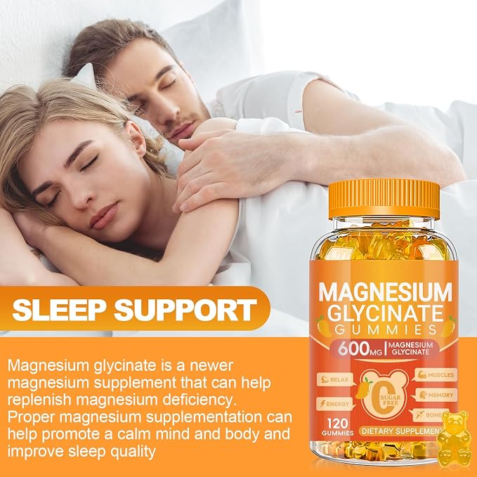 Magnesium Glycinate Gummies 600mg, Chewable Sugar Free Potassium Magnesium Gummies with Magnesium Glycinate, Vitamin D, B6 and CoQ10 for Sleep, Relaxation, Brain & Muscle, 120 Count