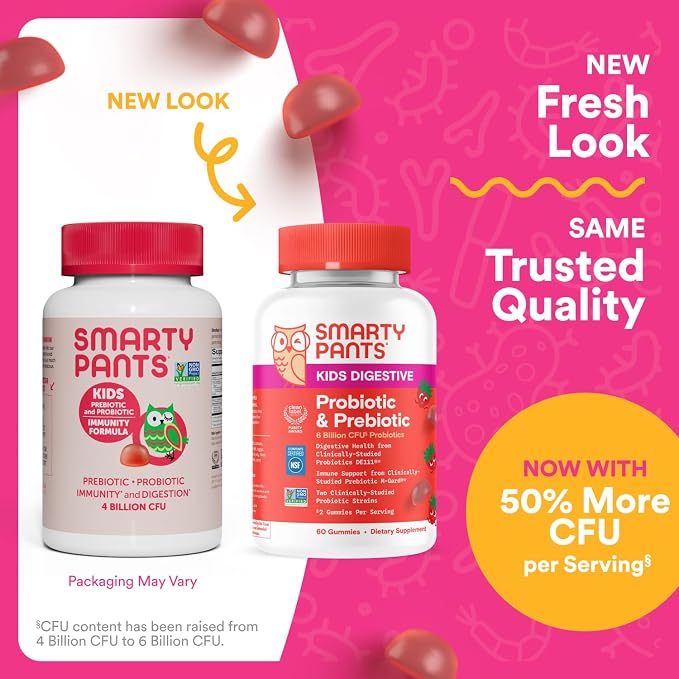 SmartyPants Kids Probiotic & Prebiotic Gummies for Digestive Health: Gut Health Supplement, Clinically Studied Prebiotic for Immune Support, Strawberry, 60 Count (30 Day Supply)