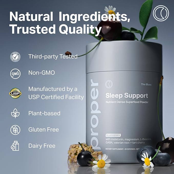 Proper, The Blues Sleep Aid – Nutrient-Dense Superfood Powder with + Melatonin, Magnesium, L-Theanine, GABA, Valerian Root & Tart Cherry – Calm Supplement for Nighttime Relaxation & Sleeping