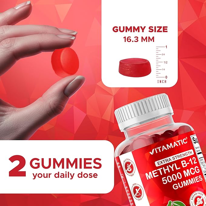 Vitamatic Extra Strength Vitamin B12 5000 mcg (Methyl B12) Gummies - 120 Count - Energy Metabolism Support and Nervous System Health Support, Natural Cherry Flavored (3)