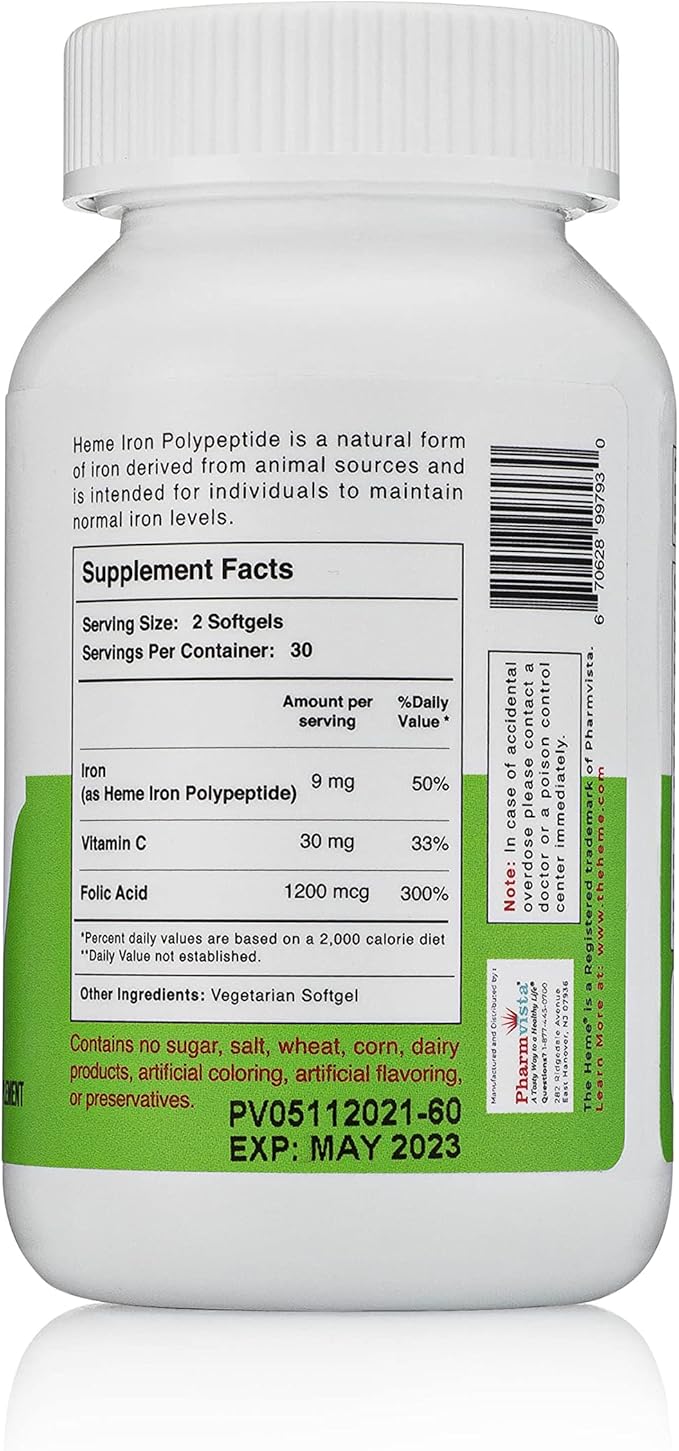 Pharmvista Heme Iron Polypeptide Softgels - with Vitamin C & Folic Acid - Gluten Free, Non-GMO - 60 Count