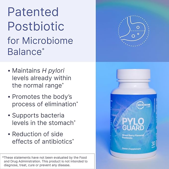 Microbiome Labs PyloGuard - Patented L reuteri DSM17648 to Improve Digestive Comfort - Gut Health & Immune Support Supplement - Postbiotic (30 Capsules)