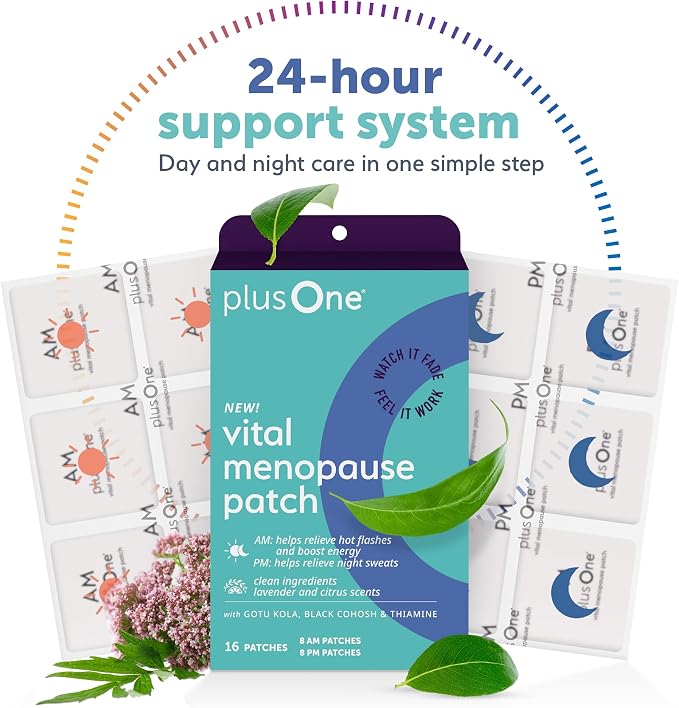 plusOne Vital Menopause Patches AM & PM – Hot Flash & Night Sweat Support – Promotes Energy & Sleep – Herbal Arjuna Daily Patches – 16ct | Herbal Arjuna Daily Patches, Promotes Energy & Sleep