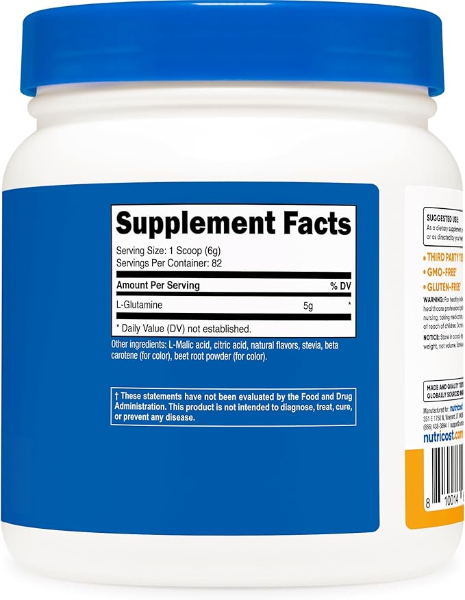 Nutricost L-Glutamine Powder Sweetened with Stevia (500 Grams, Peach Mango) - Supplement for Gut Support, 5 Grams of L-Glutamine Per Serving - Gluten Free, Non-GMO