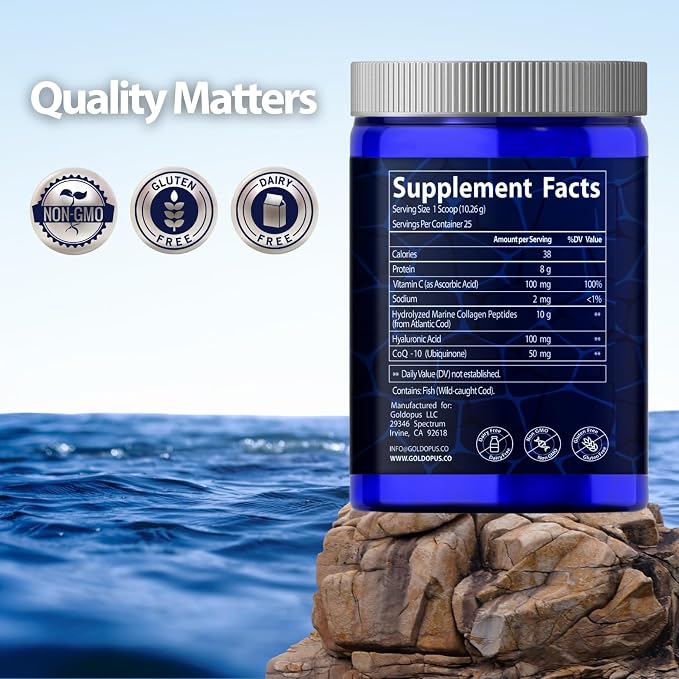 Marine Collagen Peptides Powder with Hyaluronic Acid, Coenzyme Q10, Vitamin C - Promote Firm Skin, Strong Nails&Hair, Healthy Joints - Hydrolyzed Collagen from Atlantic Cod - 10g per Serving