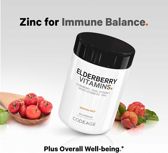 Codeage Elderberry Vitamins - Organic Fermented Elderberry Blend, Vitamin C from Ascorbic Acid & Organic Acerola Cherries, Vitamin D3, Zinc, Sambucus Berries - 90 Capsules