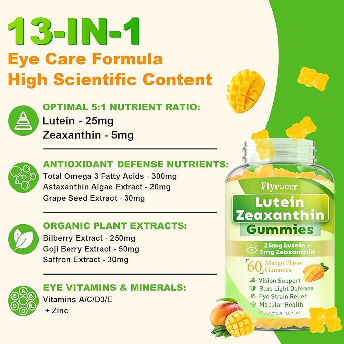 Sugar Free Lutein Gummies 25mg, Lutein and Zeaxanthin Supplements for Eye Health, 13-in-1 Eye Care Formula with Omega-3 Bilberry Saffron & Vitamins-Vision Health, Eye Strain, Dry Eyes, Vegan 60 Count
