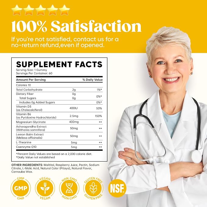 60 Day Supply Magnesium Glycinate 400mg Gummies with Ashwagandha, L-Theanine, CoQ10, Vitamin D3 & B6, Sugar Free Magnesium Gummies for Adults & Kids, Stress Relief, Sleep & Calm, Vegan, Gluten Free