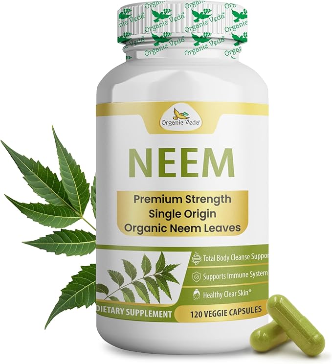 Organic Veda Neem Capsules – Herbal Supplement for Clear Skin, Immune & Gut Health For Men & Women - Single Origin True Green Neem Leaf Powder - Purifying & Cleansing Ayurveda Herb, 120 Vegan Capsules