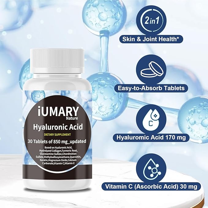 Hyaluronic Acid Supplements, 850mg High Bioavailable Dietary Hyaluronic Acid - Advanced Joint Support with Hydrolyzed Collagen, Turmeric, Glu-cosamine, MSM, Vitamin C – 30 Tablets（Pack of 1）