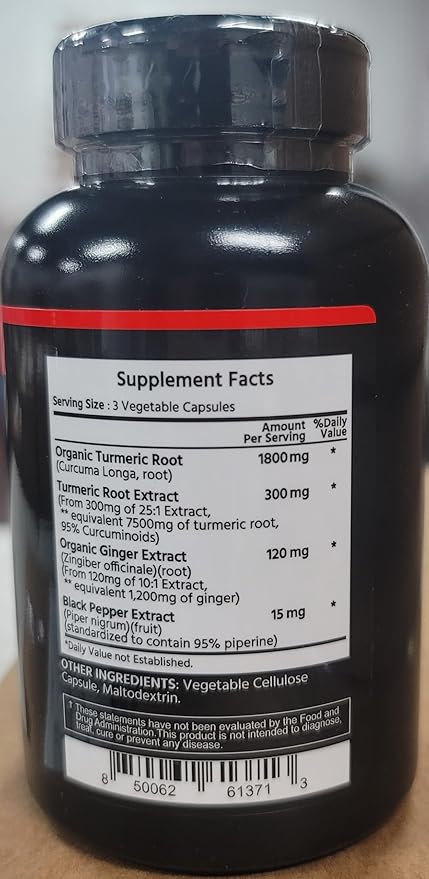 ML Naturals Organic Turmeric Curcumin – 1,800mg, Root Extract 300mg - 120mg Organic Ginger & 15mg Black Pepper (Per Serving) - 90 Vegetable Capsules – Non-GMO