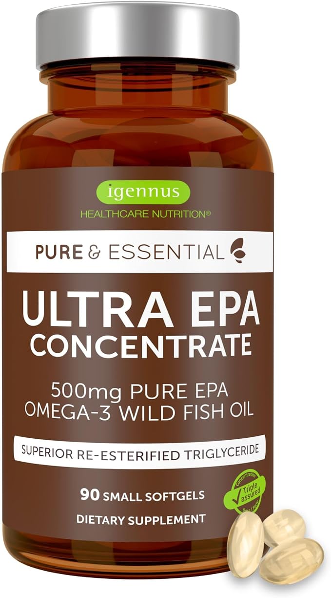 Igennus Ultra Pure Omega-3 EPA 500mg, Highly Concentrated IFOS Certified Wild Fish Oil, Advanced rTG Triglyceride Form, Non-GMO, 90 Small Softgels