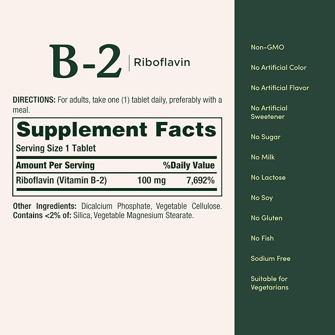 Nature's Bounty Vitamin B, B-2 Vitamin 100mg as Riboflavin Supplement, Aids Energy Metabolism, 100 Vegetarian Coated Tablets, 100 Day Supply