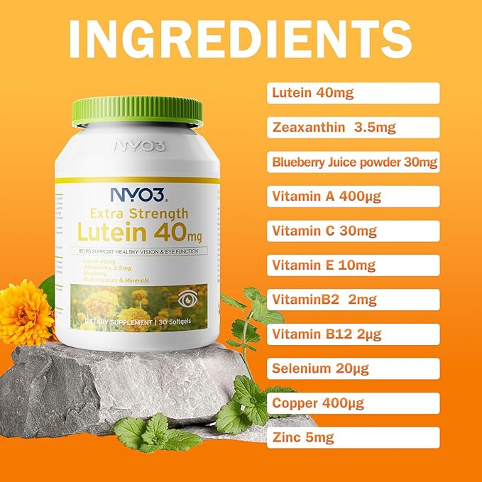 NYO3 Lutein & Zeaxanthin 40mg with Blueberry, Eyes Vitamins and Mineral Supplement– Multivitamins for Eye & Vision Health | Antioxidant Support, 30 Softgels