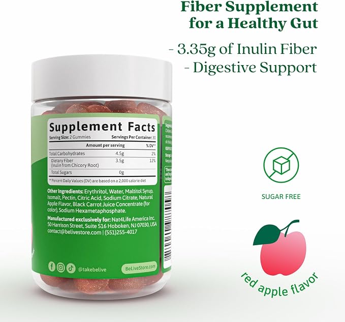 BeLive Fiber Gummies - Prebiotic Fiber Supplement with Chicory Root & Inulin for Digestive Support & Overall Gut Health I Vegan, Sugar Free Gummies for Adults & Children - Apple Flavor | 2-Pack