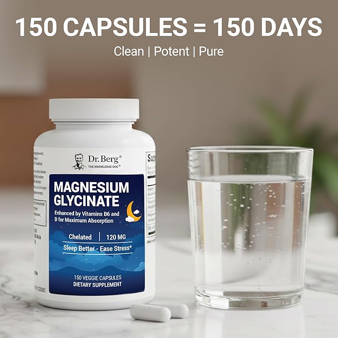 Dr. Berg Magnesium Glycinate 150ct – 4-in-1 Chelated for Muscle, Nerve, Sleep & Stress Support*– w/ D3, B6 & Zinc – 4X Lab-Tested – No Fillers – Formulated in USA, GMP-Certified