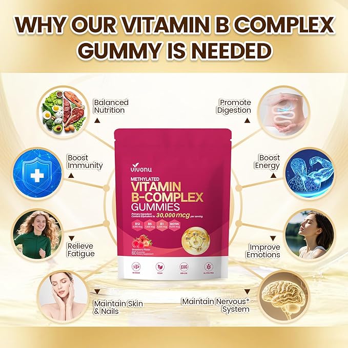 VivoNu Vitamin B Complex Gummies, 6000 mcg Methylated Vitamin B12, with B6 B1, B2, B3, B5, B7, Methylfolate, Vitamins A C D E, Vegan, Non GMO, Methylated B Complex Vitamin (3 Bag)
