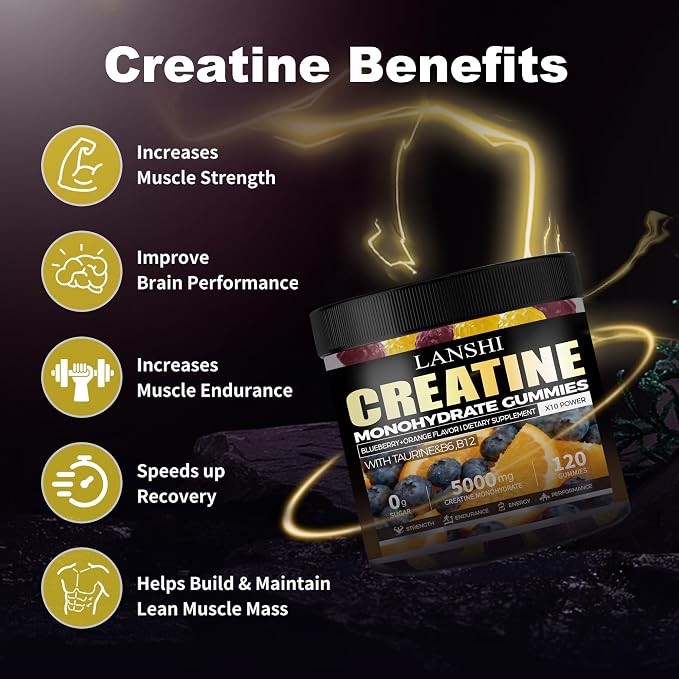 Creatine Monohydrate Gummies 5000mg - Sugar Free Pre Workout Supplement for Men & Women, Creatine Gummies for Muscle, Strength, Recovery, Cognitive Health & Memory, Blueberry Orange Flavor, 120 Count