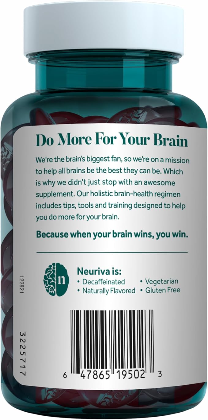 NEURIVA Plus Decaffeinated Nootropic Brain Supplement for Memory, Focus & Concentration & Cognitive Function, Clinically Tested NeuroFactor, Phosphatidylserine, Vitamins B6 B12,50ct Strawberry Gummies