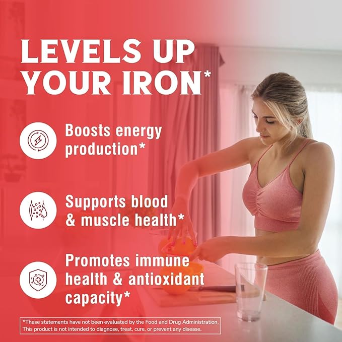 Iron Supplement, 65mg Carbonyl Iron with 250mg Vitamin C, Stomach Friendly Iron Pills for Blood Building Women & Men, High Absorption, No Nausea, No Constipation, Non-GMO, No Gluten, 90 Vegan Tabs