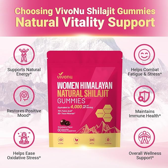 VivoNu Himalayan* Shilajit* Gummies with Ashwagandha* & Gokshura | 85+ Trace Minerals & Fulvic Acid | Organic, Micronutrient Supplement for Men & Women (Women 4000mg / 1 Bag)
