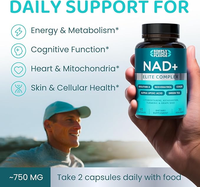 NAD+ Elite Complex – Direct NAD+ 300 mg with Urolithin A, Resveratrol, CoQ10 & Antioxidant Blend – Cellular Energy, Mitochondrial Support & Healthy Aging – Vegan, Non-GMO- 60 Capsules (Pack of 2)