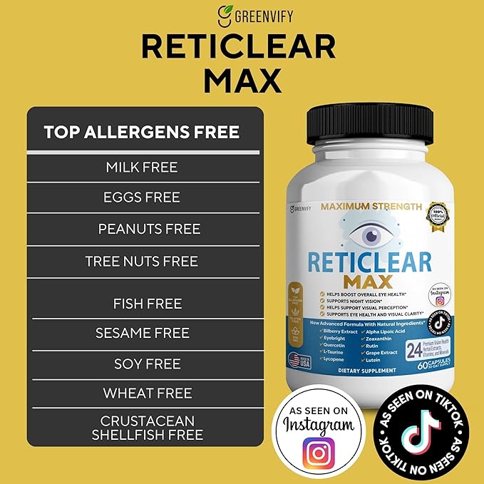 Reticlear Max Eye Health Supplement, 60 Capsules, Vision Support with 24 Natural Ingredients, 30 Day Supply (3)