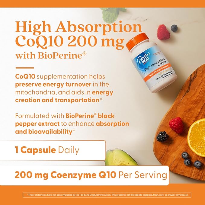 Doctor's Best High Absorption CoQ10 200mg with BioPerine Supplement - Coenzyme Q10 Caps for Heart Health & Antioxidant Support, CoQ10 200 mg for Women & Men, Non GMO - 180 Veg Capsules