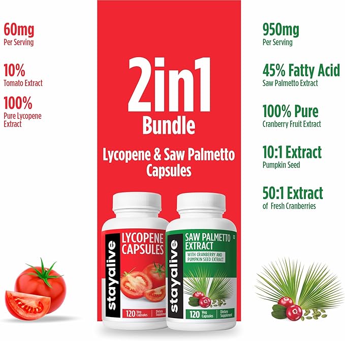 STAYALIVE Lycopene and Saw Palmetto Bundle with Cranberry and Pumpkin Seed Extract, 240 Vegan Pills, Non-GMO & Gluten Free Men's Health Supplement