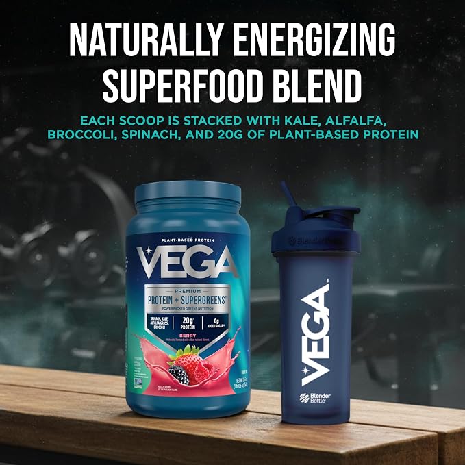Vega Premium Protein + Supergreens, Berry – 20g Vegan Protein, Dairy & Gluten Free, 27.2 oz (26 Servings)
